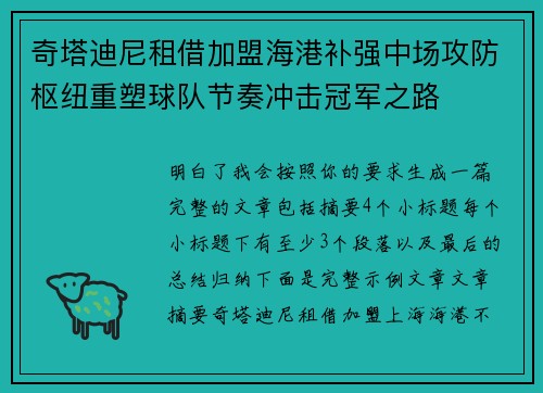 奇塔迪尼租借加盟海港补强中场攻防枢纽重塑球队节奏冲击冠军之路