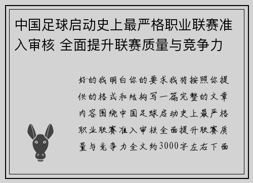 中国足球启动史上最严格职业联赛准入审核 全面提升联赛质量与竞争力